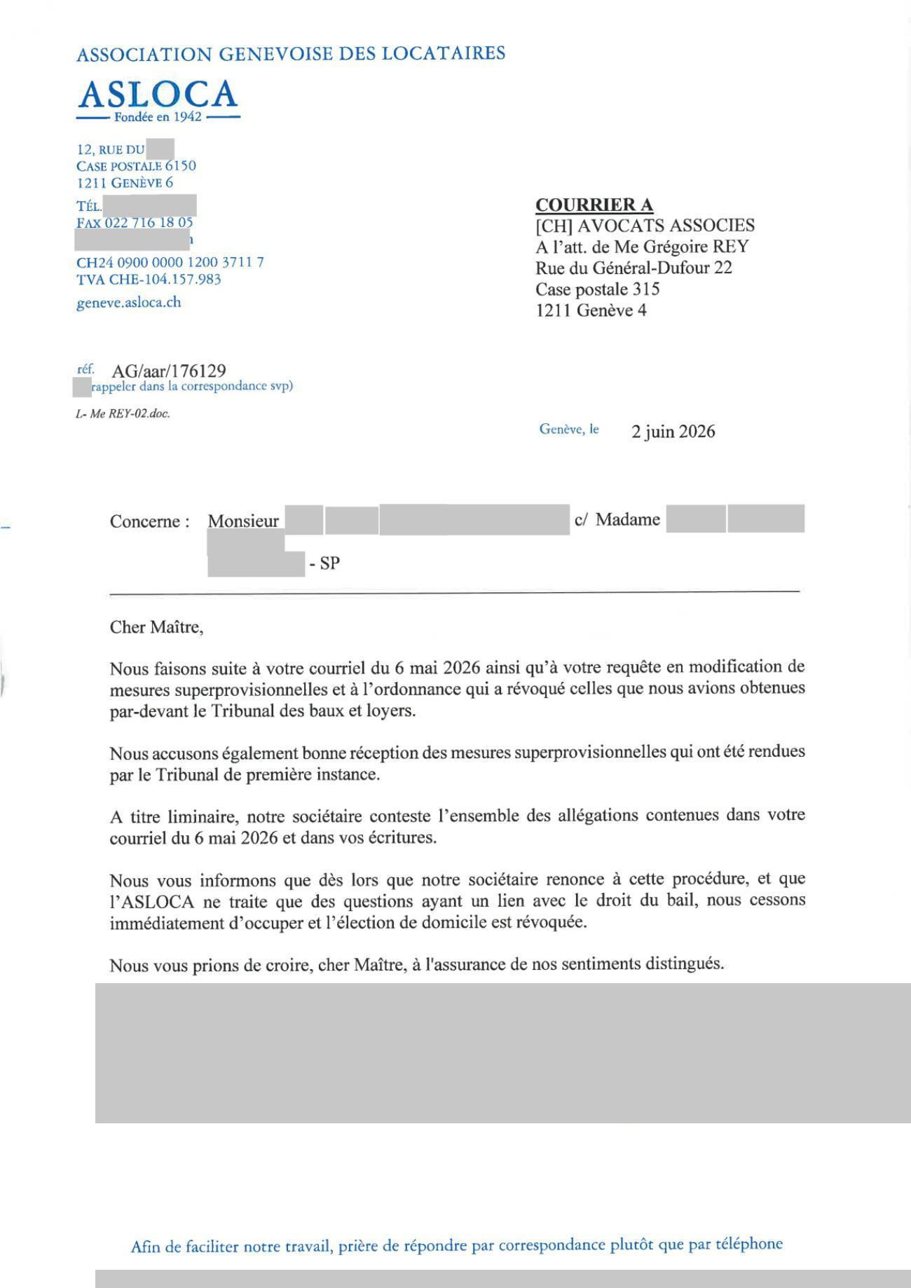 Lettre du conseil de la partie adverse, cessation d'occuper, page 1