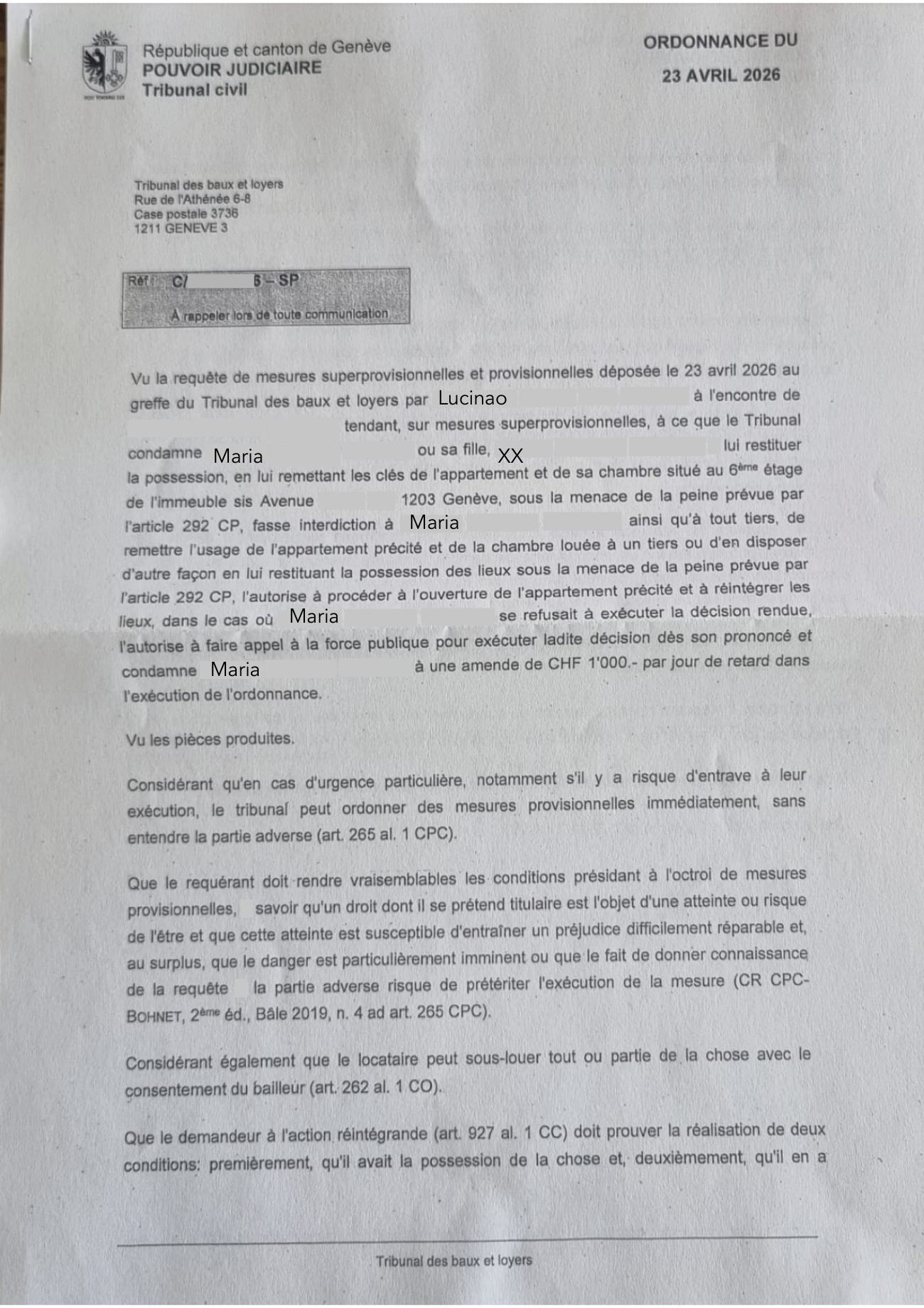 Ordonnance de mesures superprovisionnelles du 23 avril, page 1
