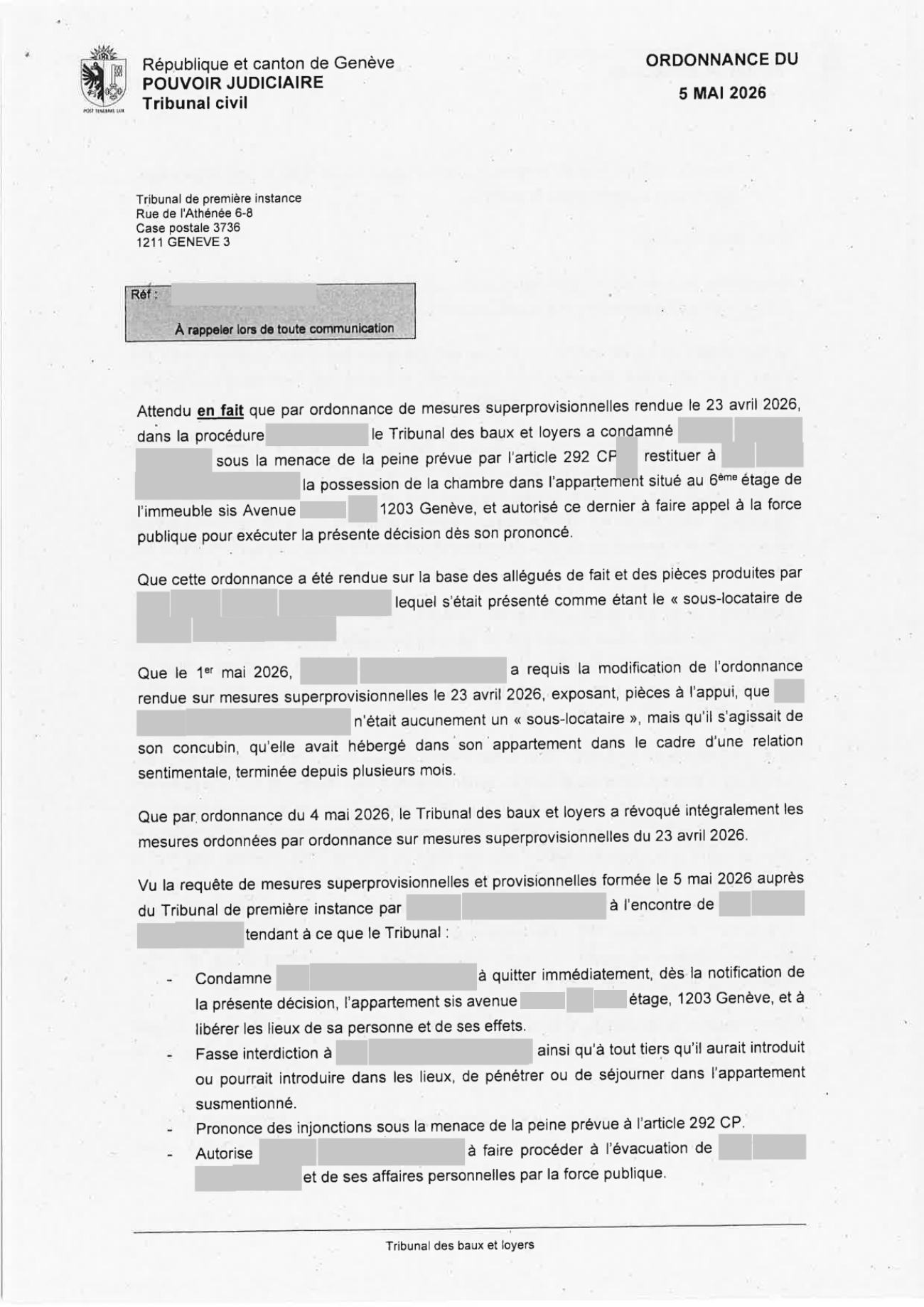 Ordonnance du Tribunal de première instance du 5 mai, page 1