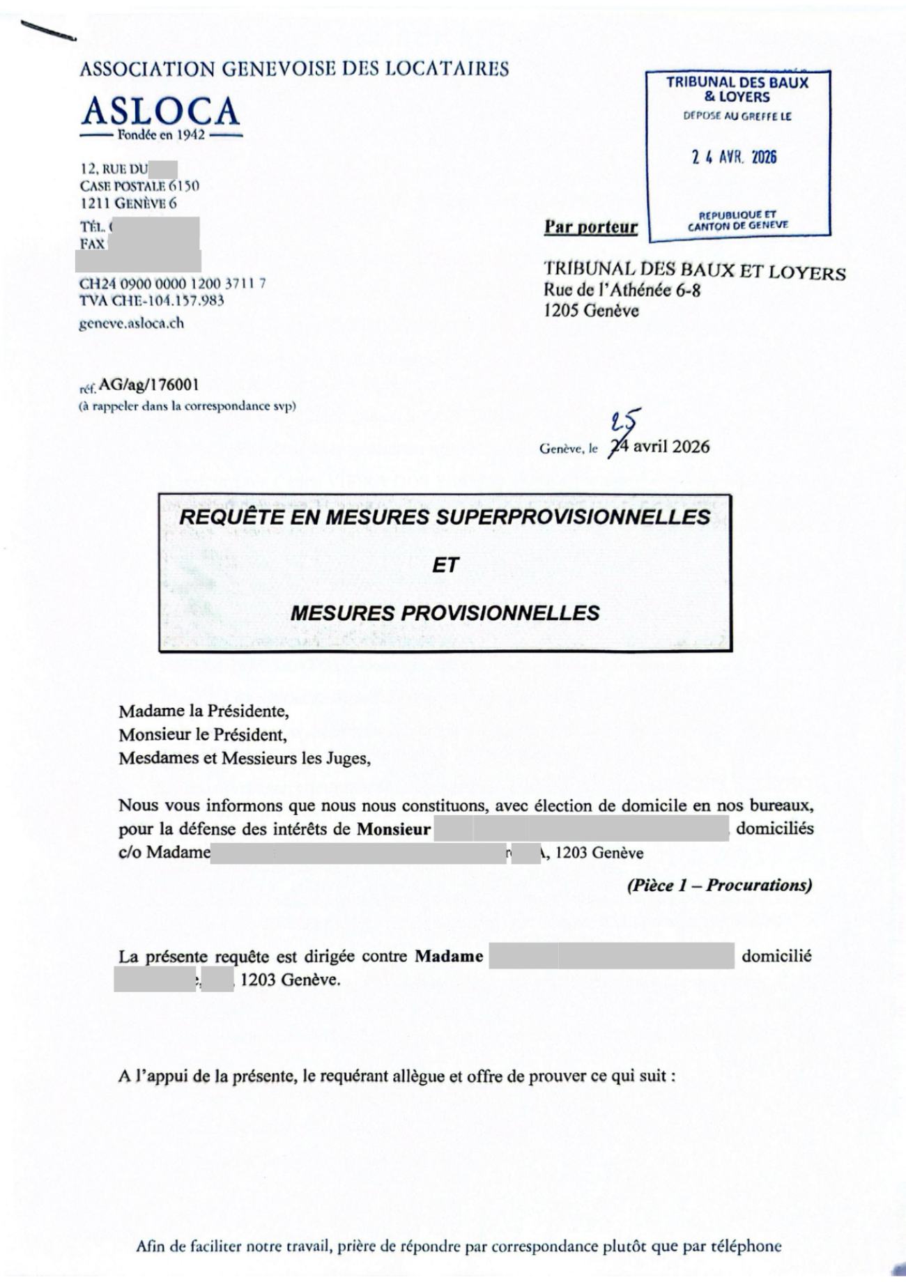 Requête de mesures superprovisionnelles de la partie adverse, et son chargé de pièces, page 1