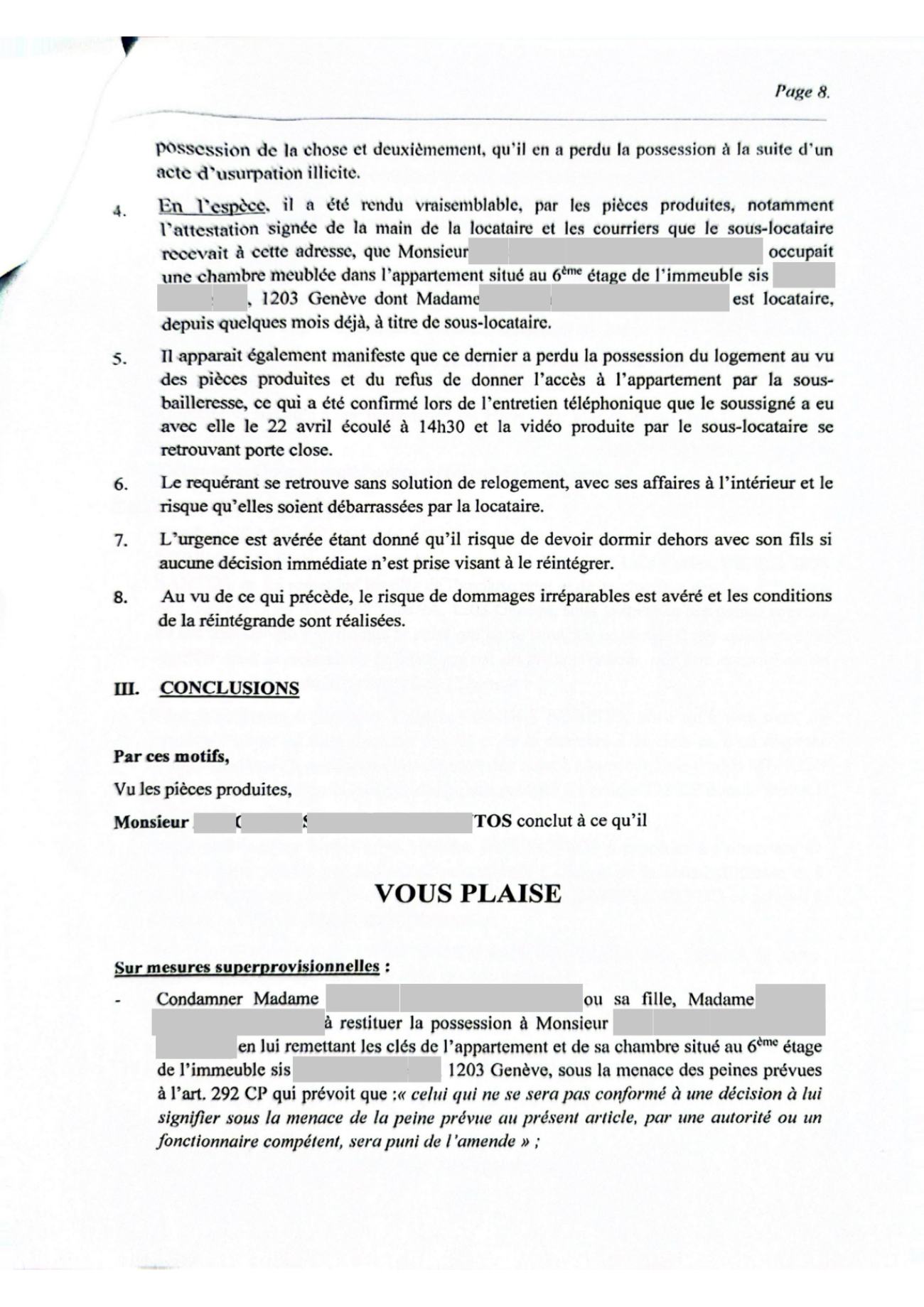 Requête de mesures superprovisionnelles de la partie adverse, et son chargé de pièces, page 8