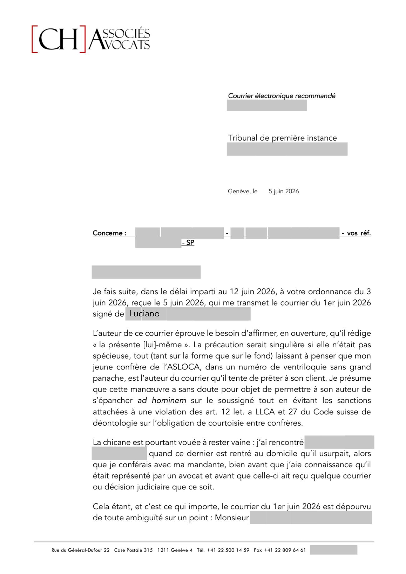 Notre courrier au Tribunal de première instance, page 1